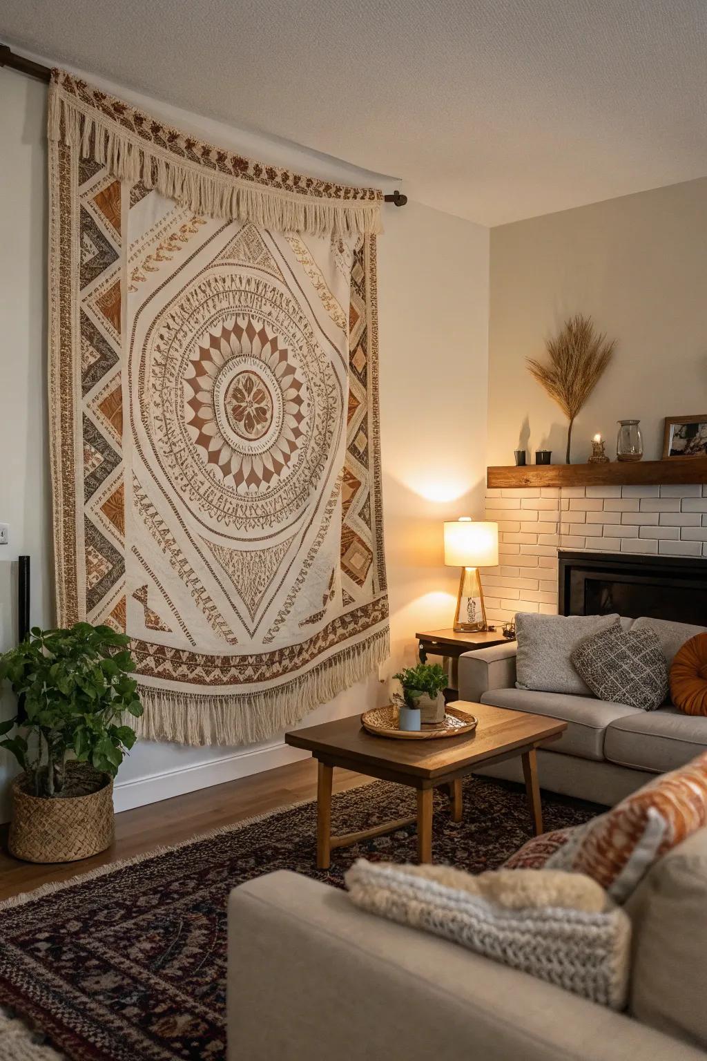 A woven wall decor that adds texture and warmth to the living room.