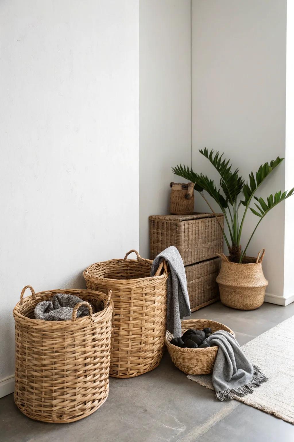 A minimalist grouping of baskets adds subtle feel.