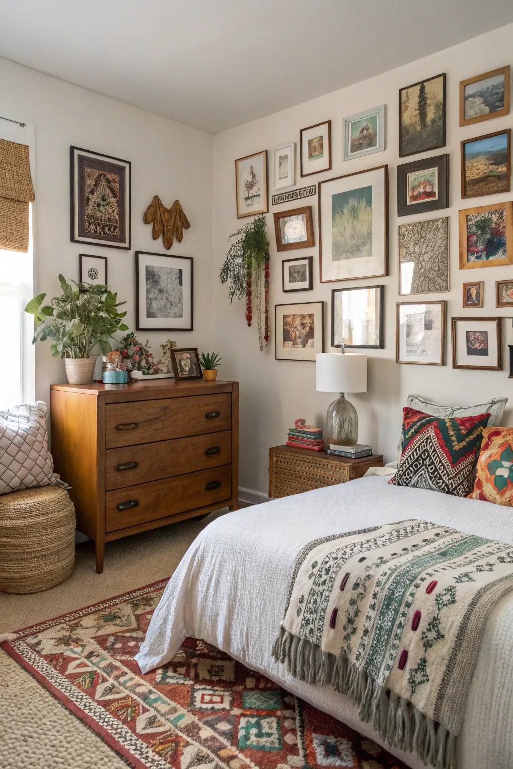 A gallery wall adds a personal touch to the bedroom.