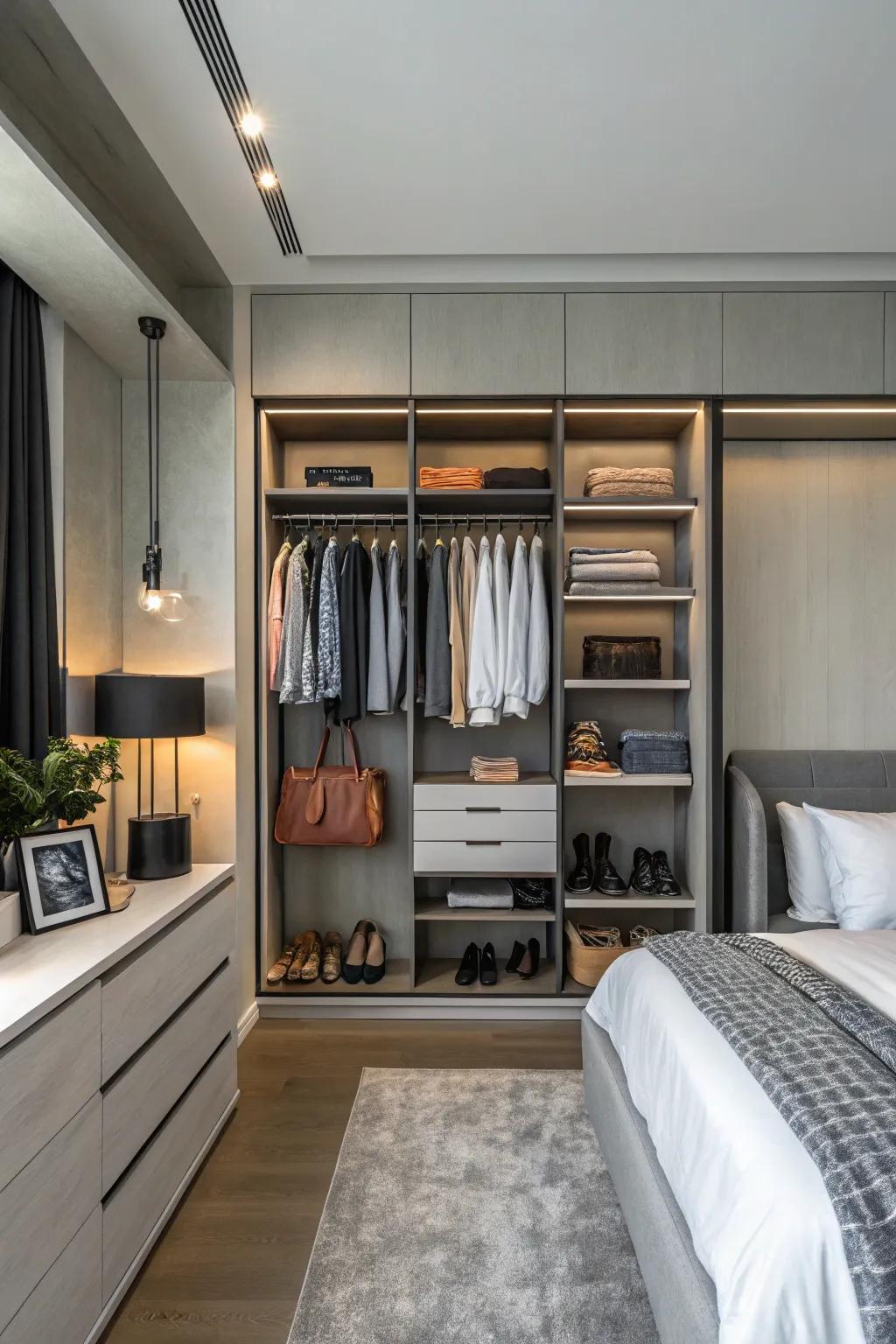 Pull-out racks make it easy to reach things and change wall closets.