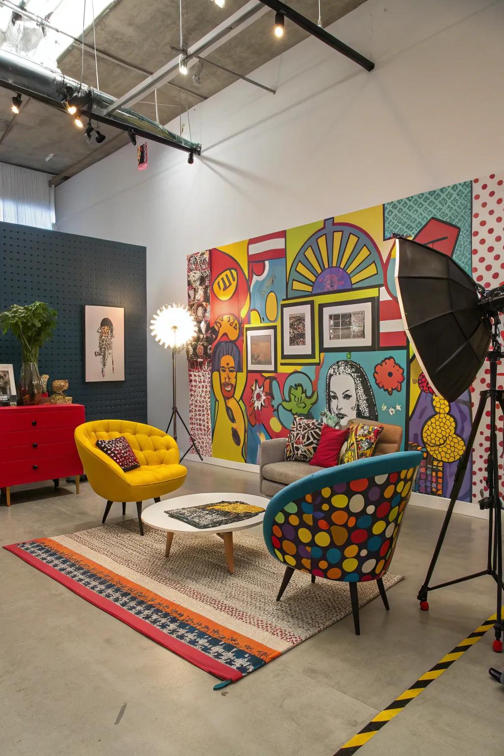 Pop art walls convey daring, lively energies.
