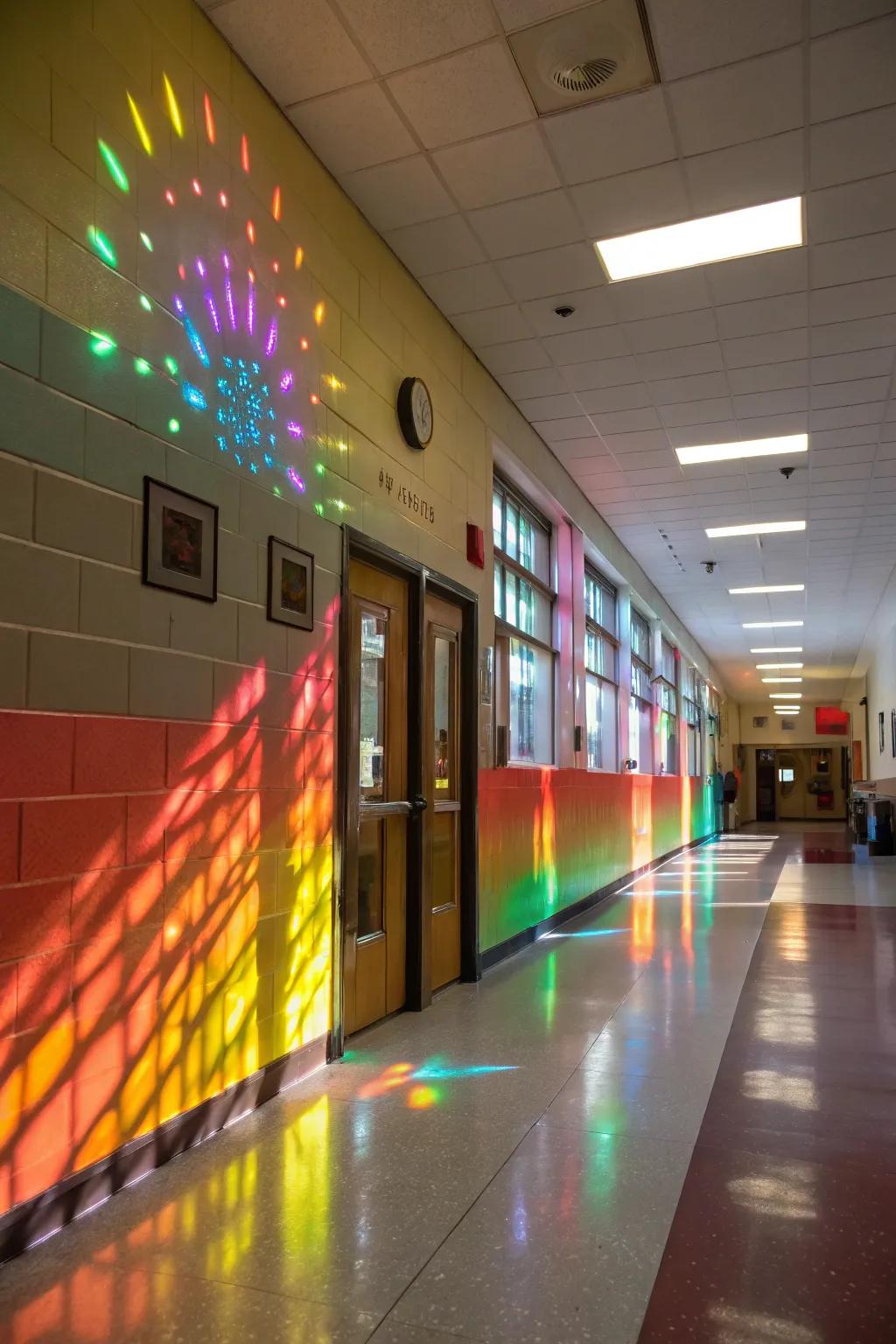 A dynamic light installation featured on a school wall