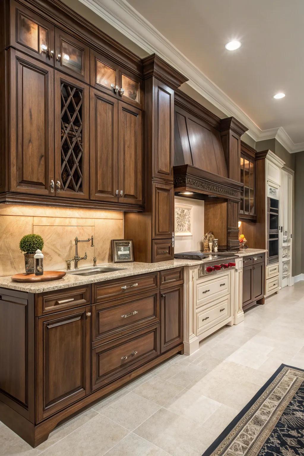 Contrasting tones add depth to walnut cabinetry.