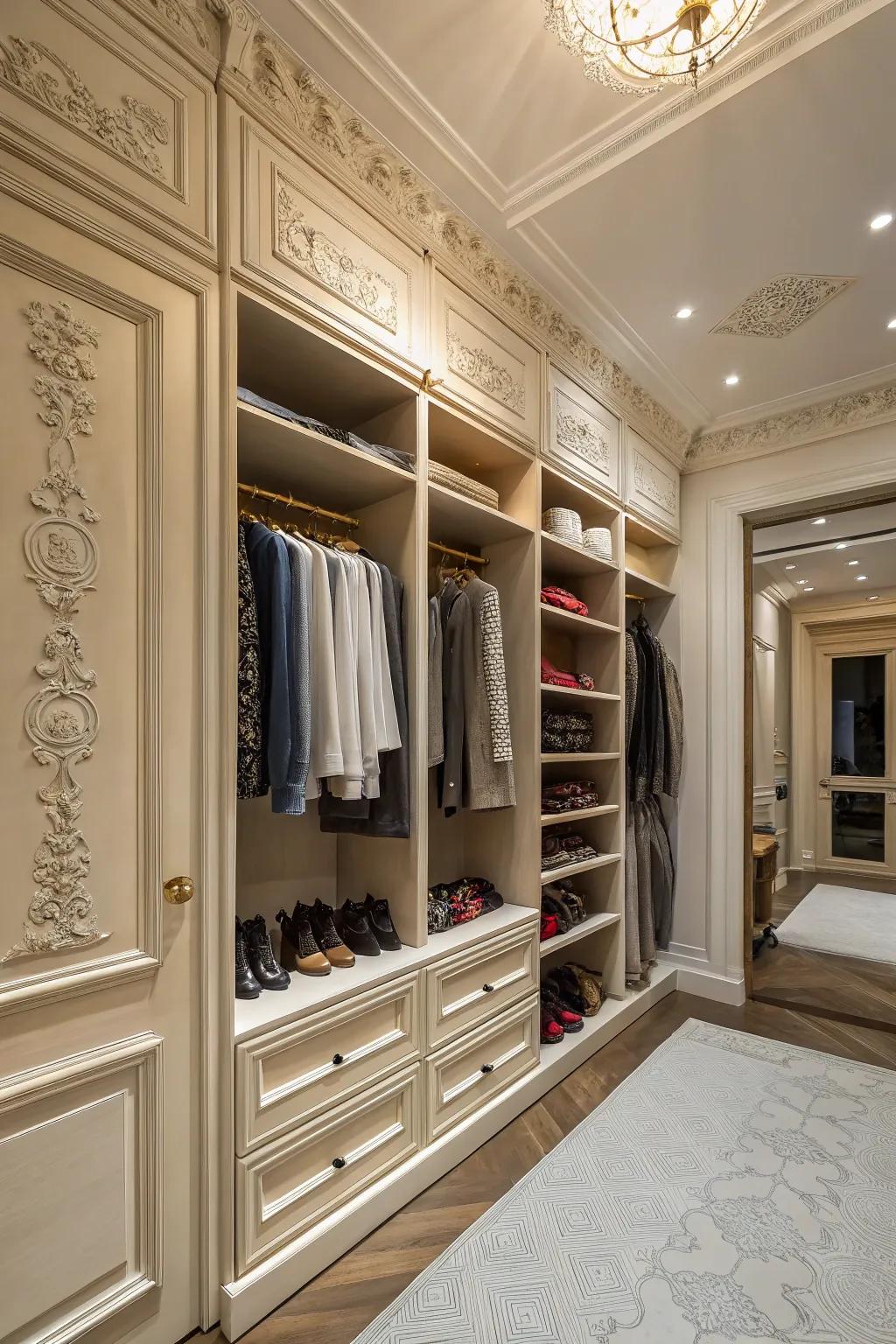 Decorative trims impart a dash of sophistication to any closet.