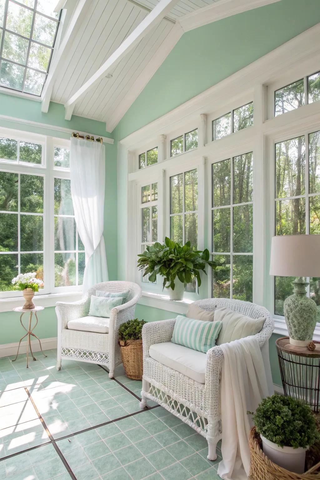 Sunroom with subtle teal walls, exuding a fresh and invigorating impression.