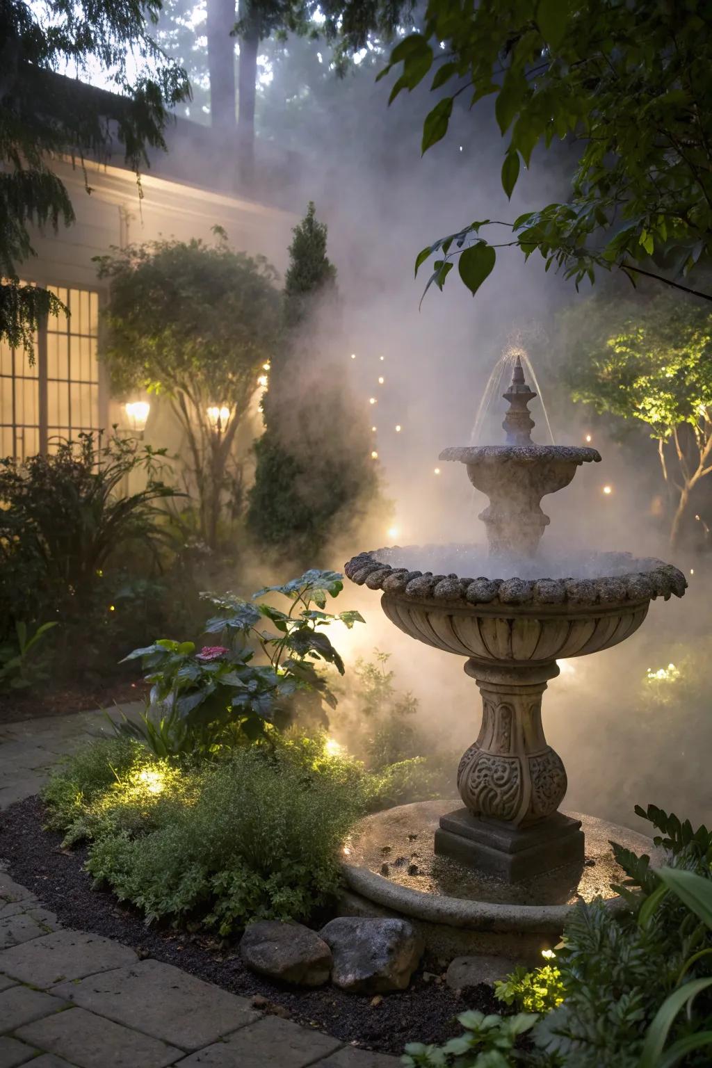 A mist fountain generates a dreamy garden atmosphere.
