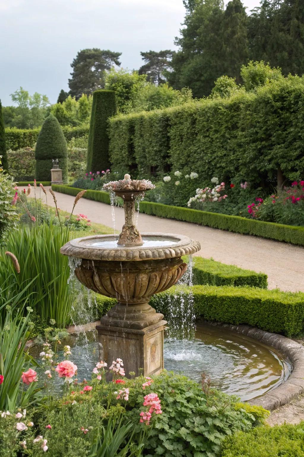 Tiered pot fountains add a soothing and rustic or contemporary touch.