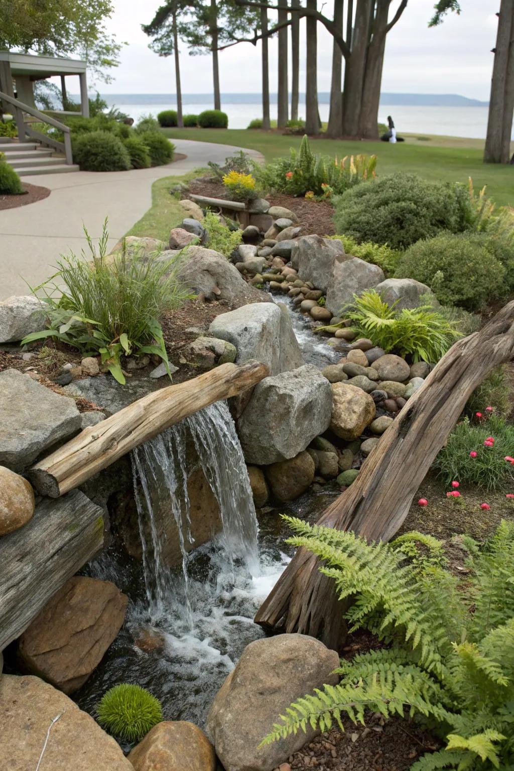 Wood accents impart rustic allure to your waterfall design.