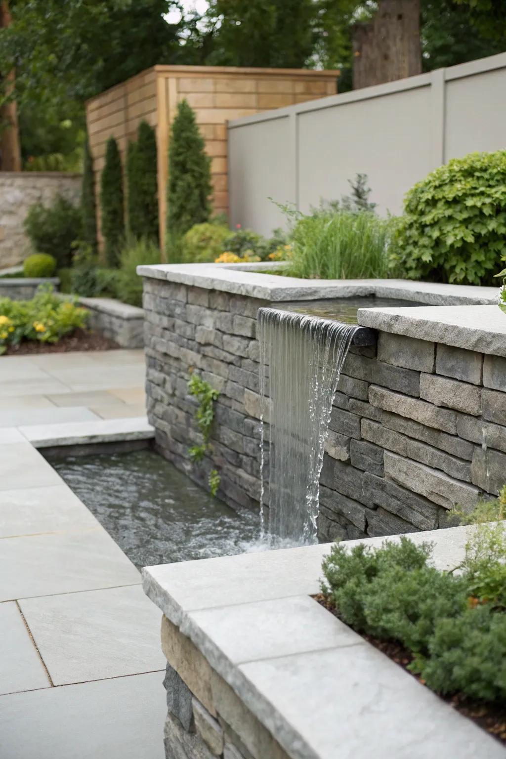 A sleek garden waterfall featuring a minimalist stone wall design.