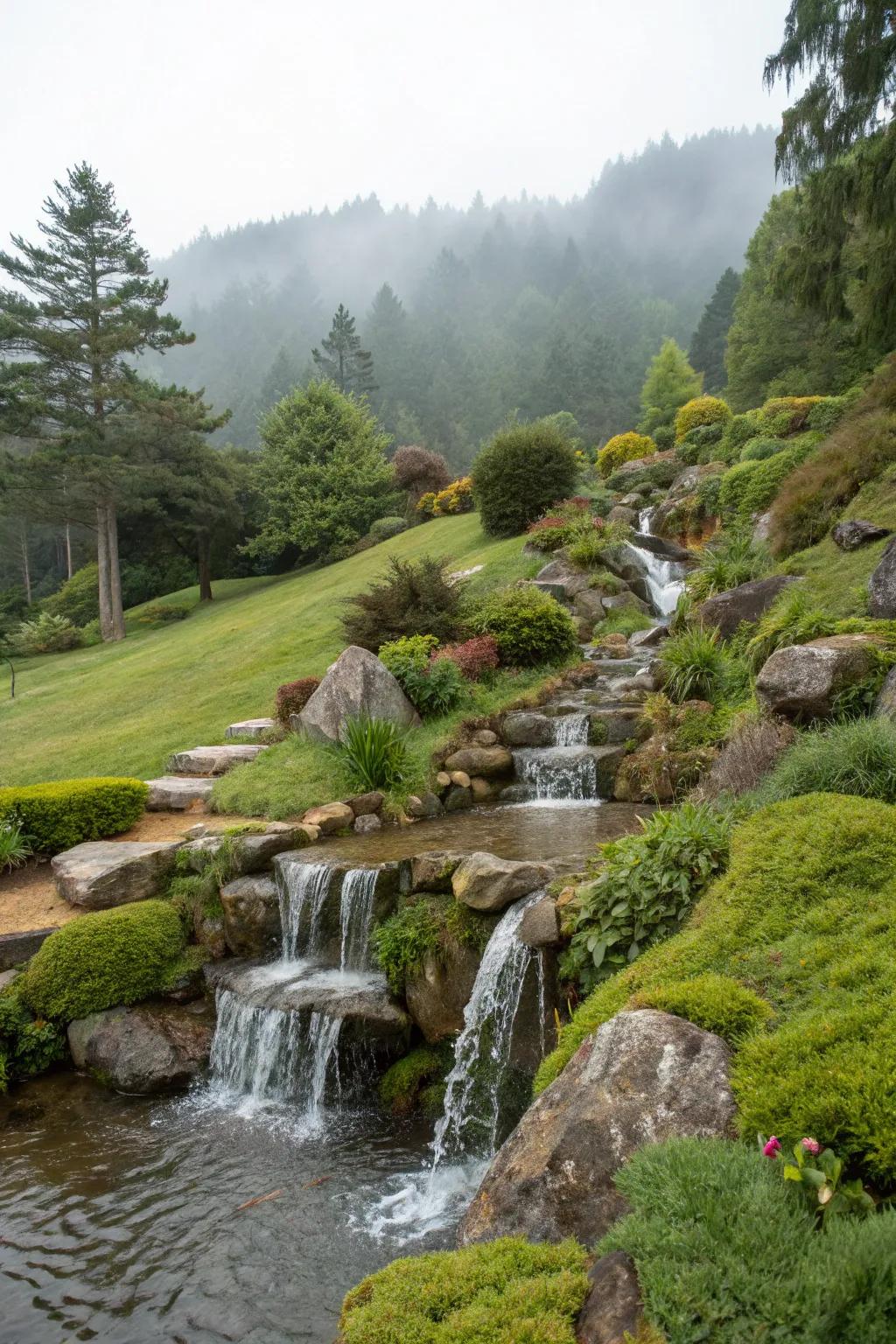 A slanted garden waterfall improves the landscape's natural features.