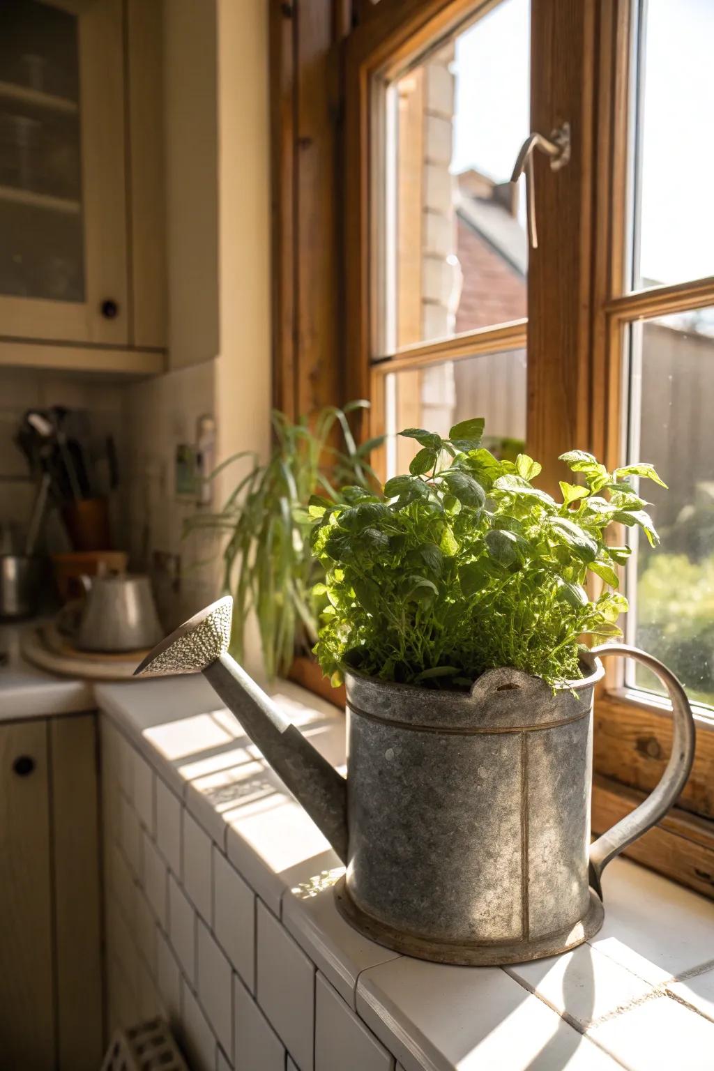 A cooking area ledge flavoring garden utilizing a watering can.