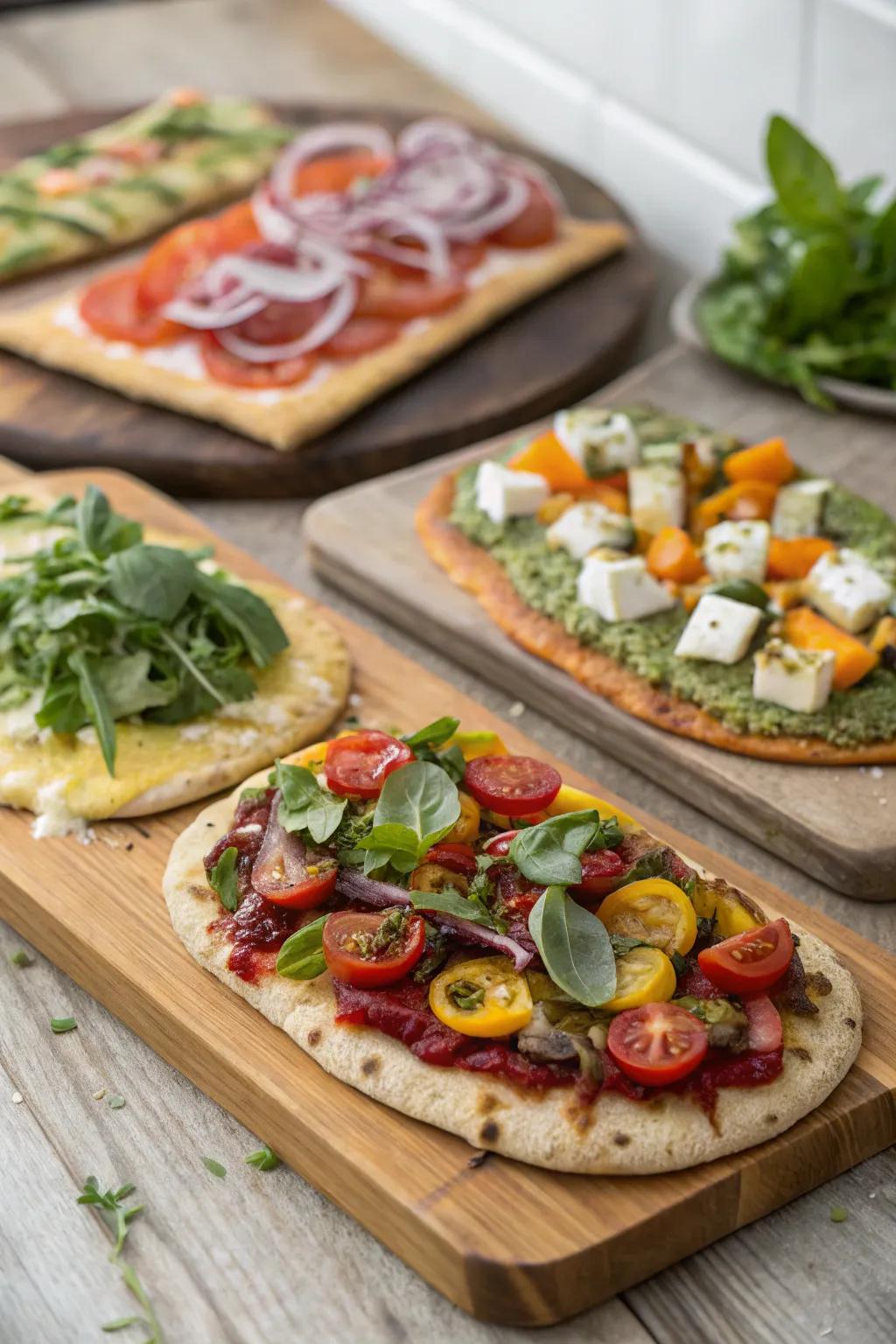 An assortment of creative flatbreads adorned with fresh and delectable ingredients.