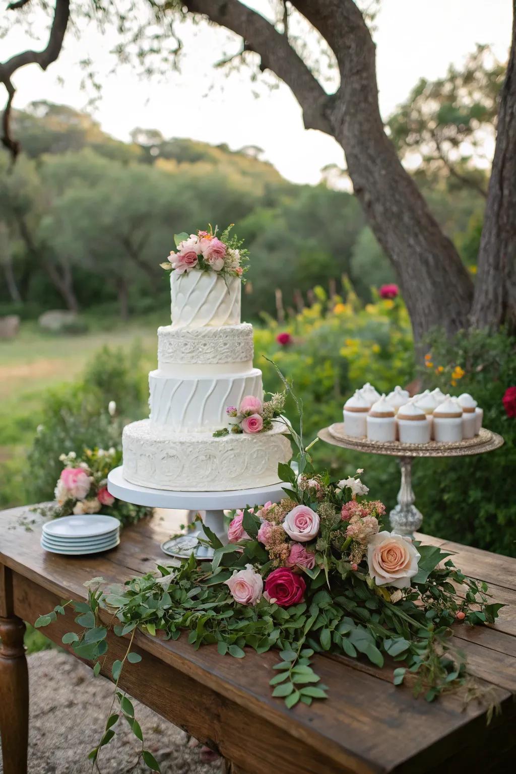 A wedding cake wonderfully placed against a nature-filled background.