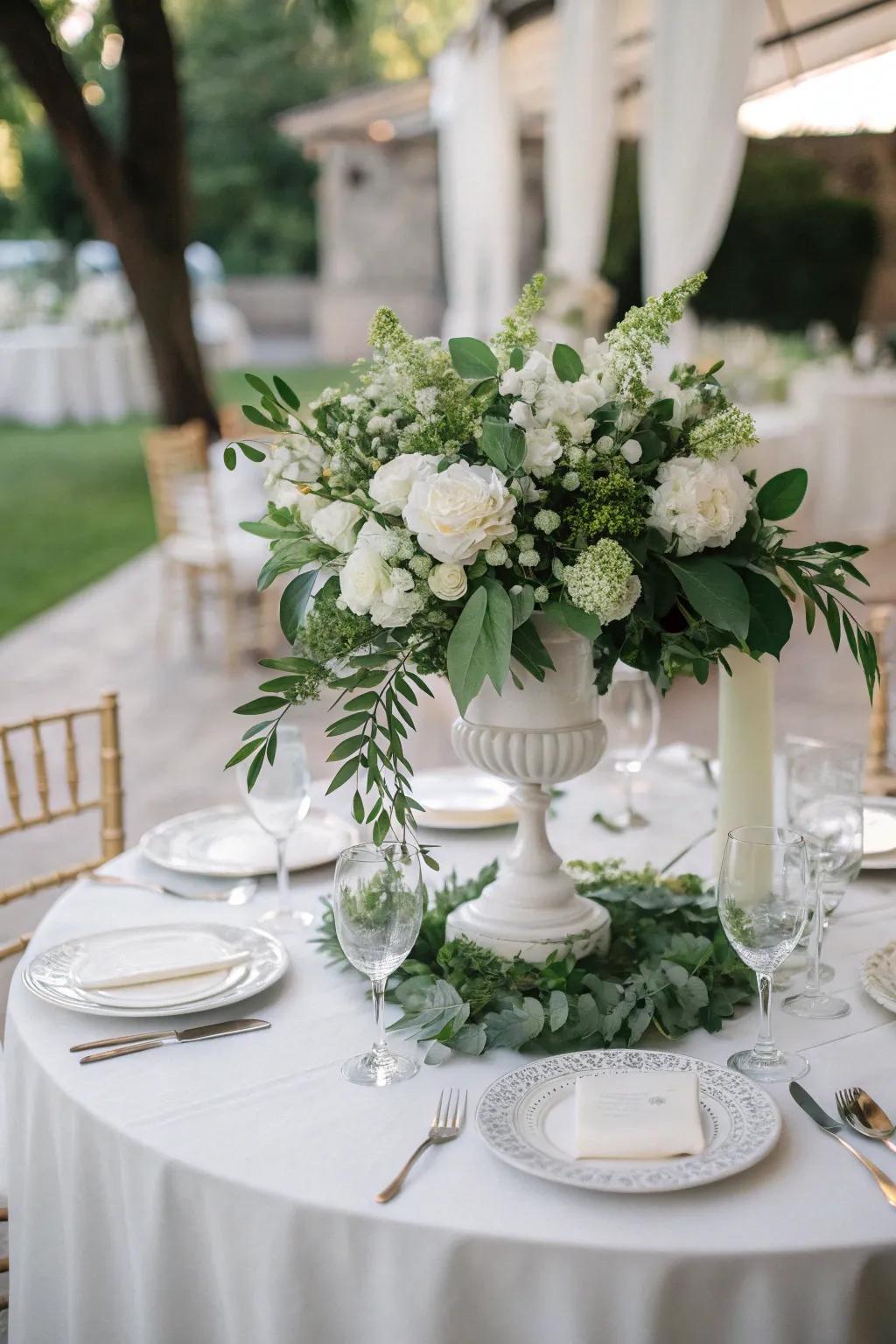 A classic ivory and green centerpiece emanates elegance.