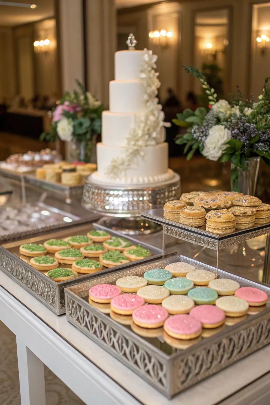 Lucid reflections introduce depth and glam to a wedding cookie display.