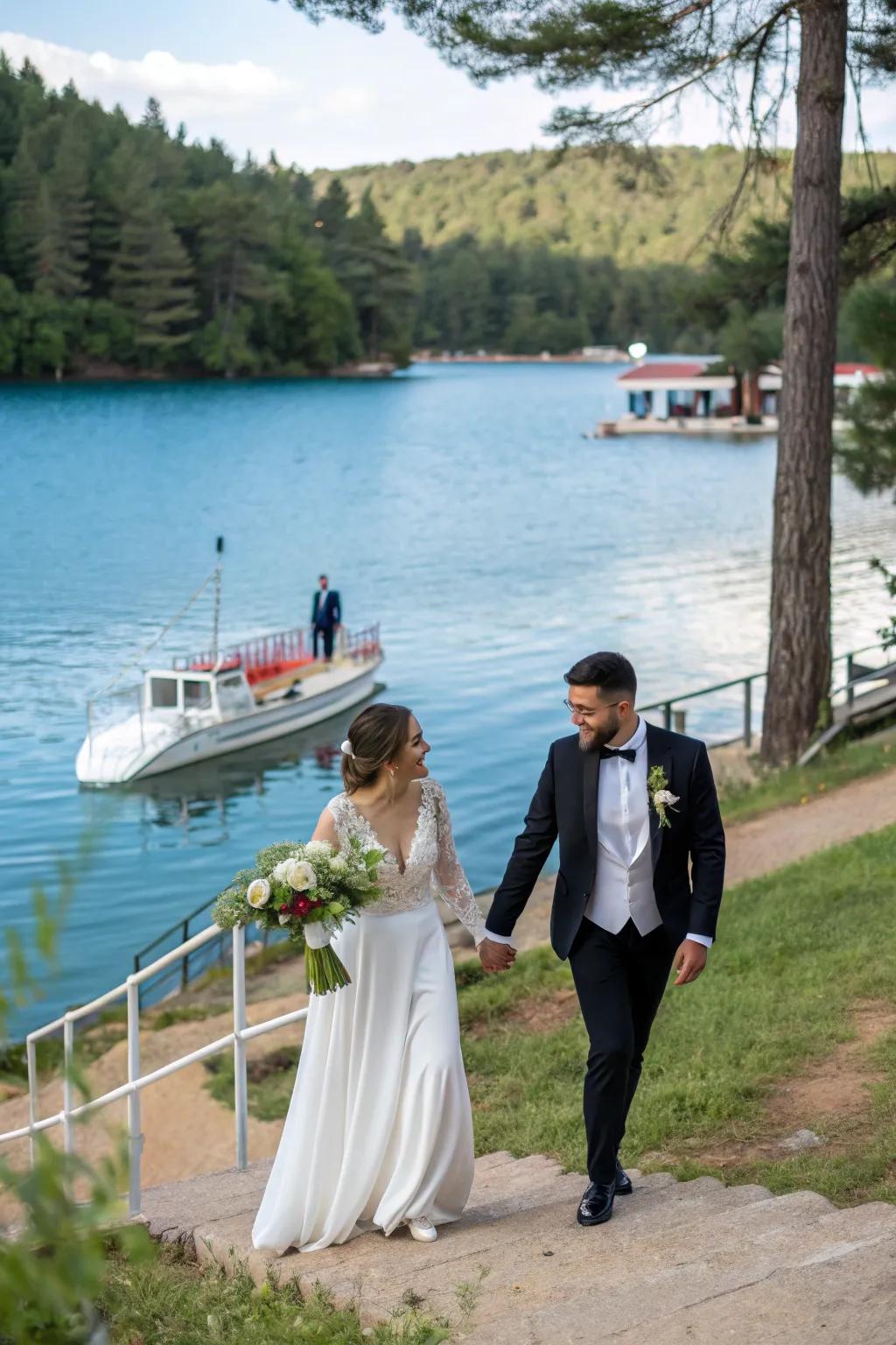 A romantic boat arrival sets the scene for a summer wedding.