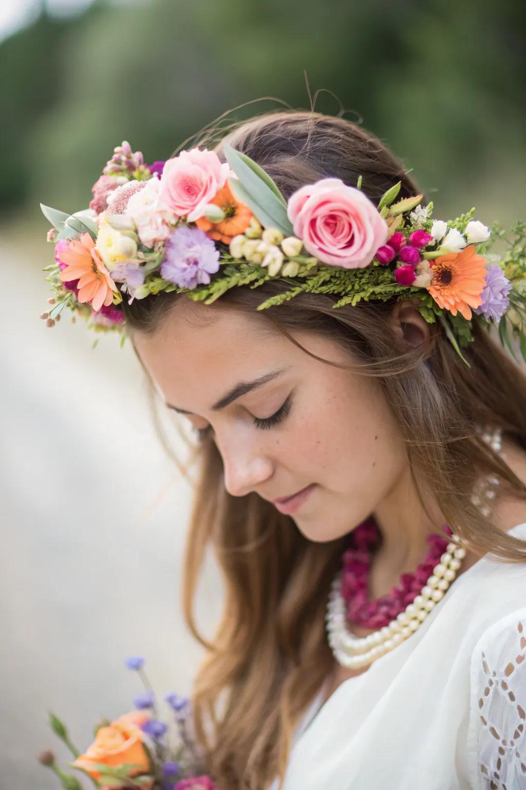 Personalized floral circlet with colorful blooms