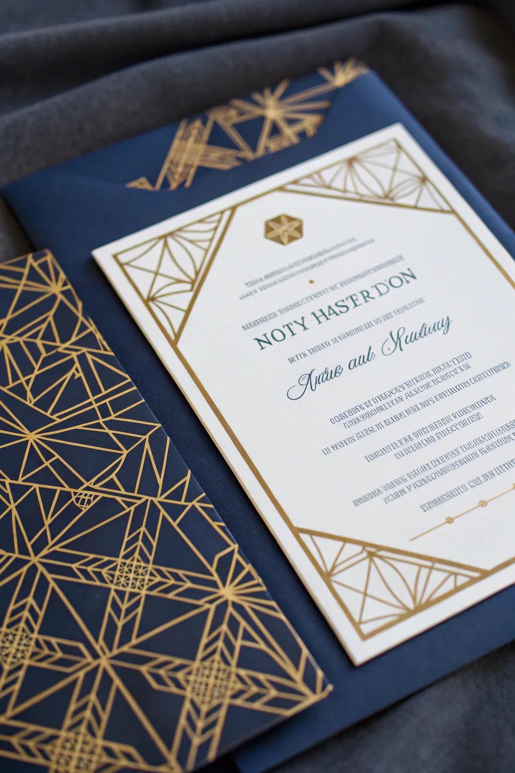 Invitation with abstract patterns on a navy backdrop.