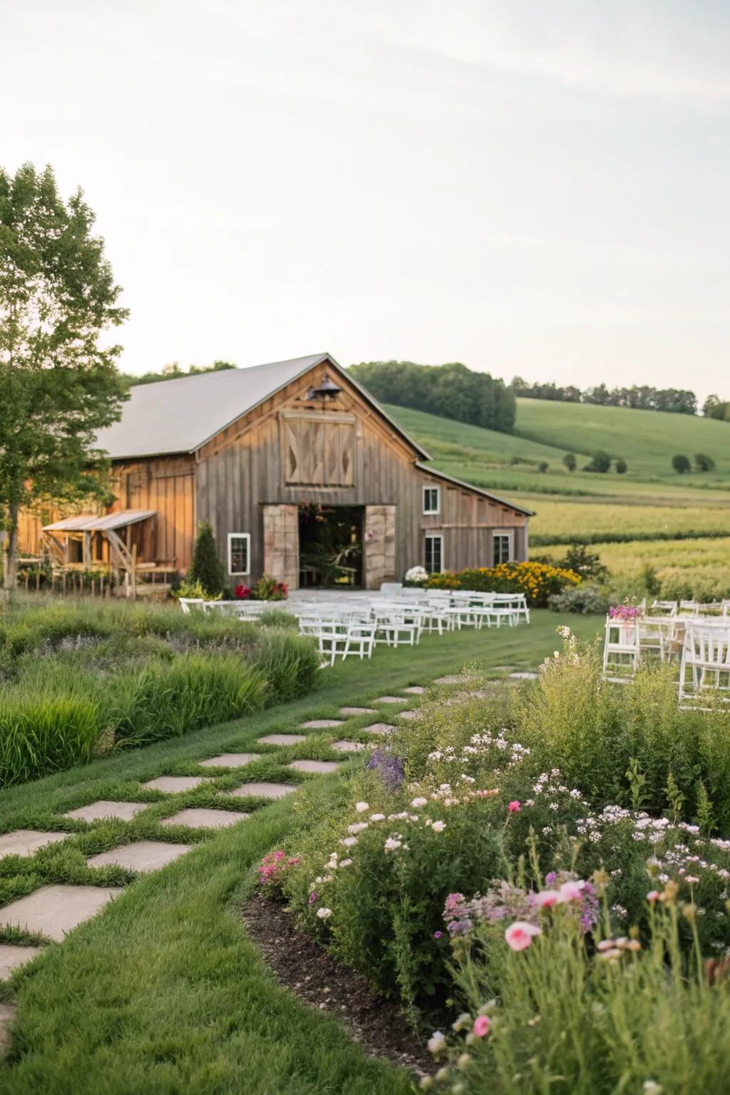 A charming rural wedding venue featuring rolling fields and a down-to-earth barn.