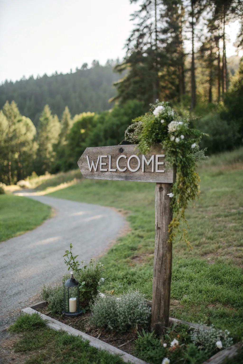 An eco-friendly welcome board crafted from reclaimed wood, a perfect fit for a sustainable wedding.