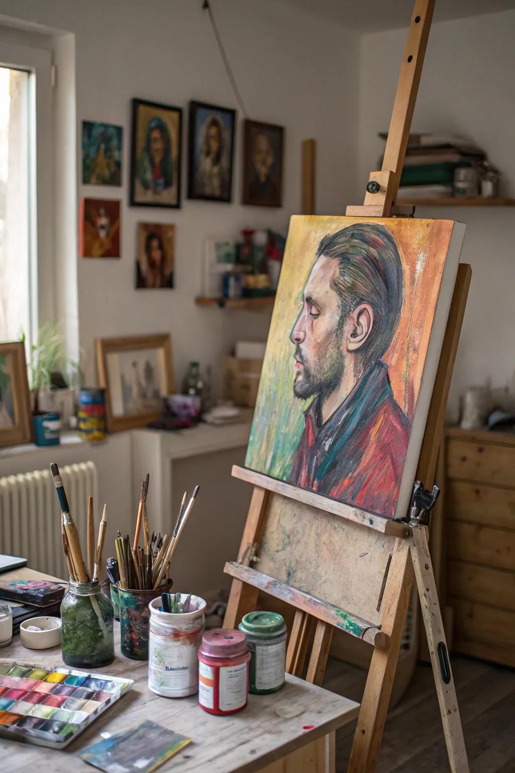 An unorthodox portrait injecting whimsical allure into an artistic workspace.