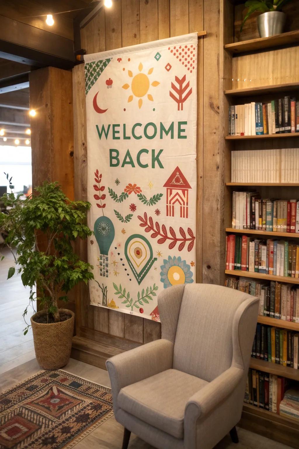 Native cultural motifs on a poster craft a cozy reading nook.