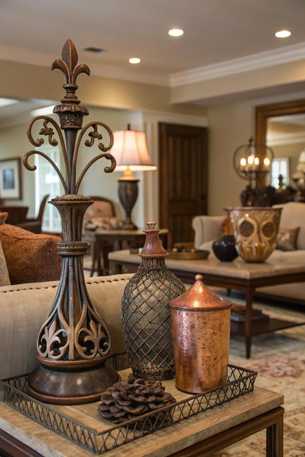 Metal accents give a stylish contrast to rustic touches.