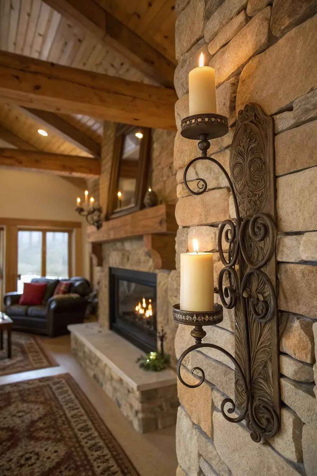 Humble candle brackets producing toasty dim light.