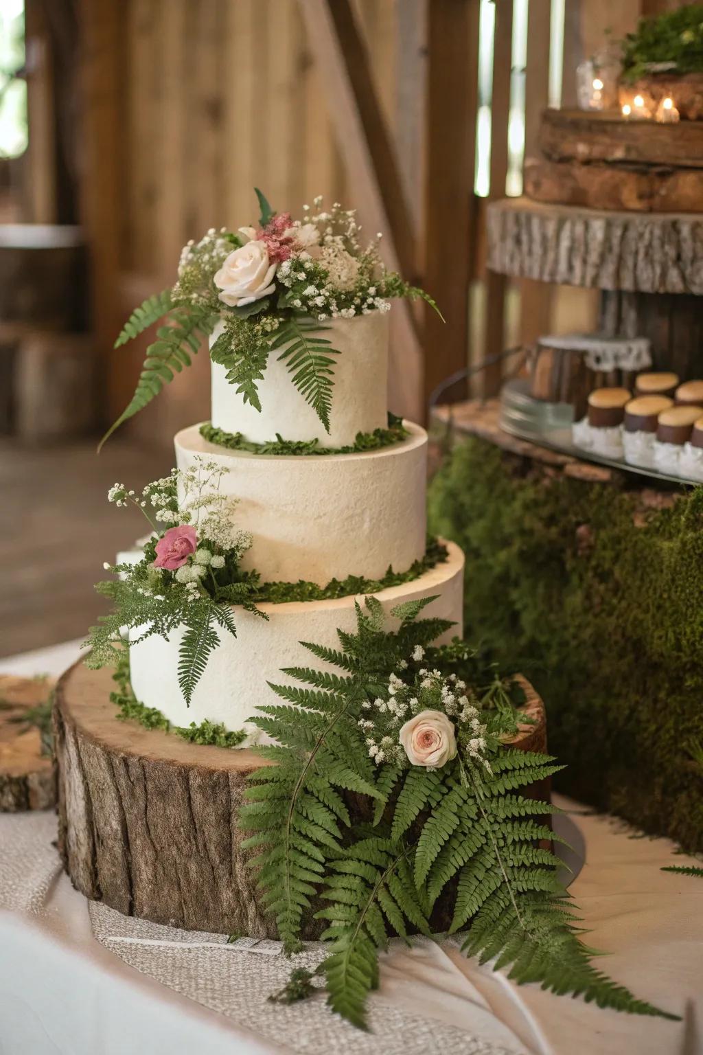 Cake exhibiting delicate ferns and blossoms.