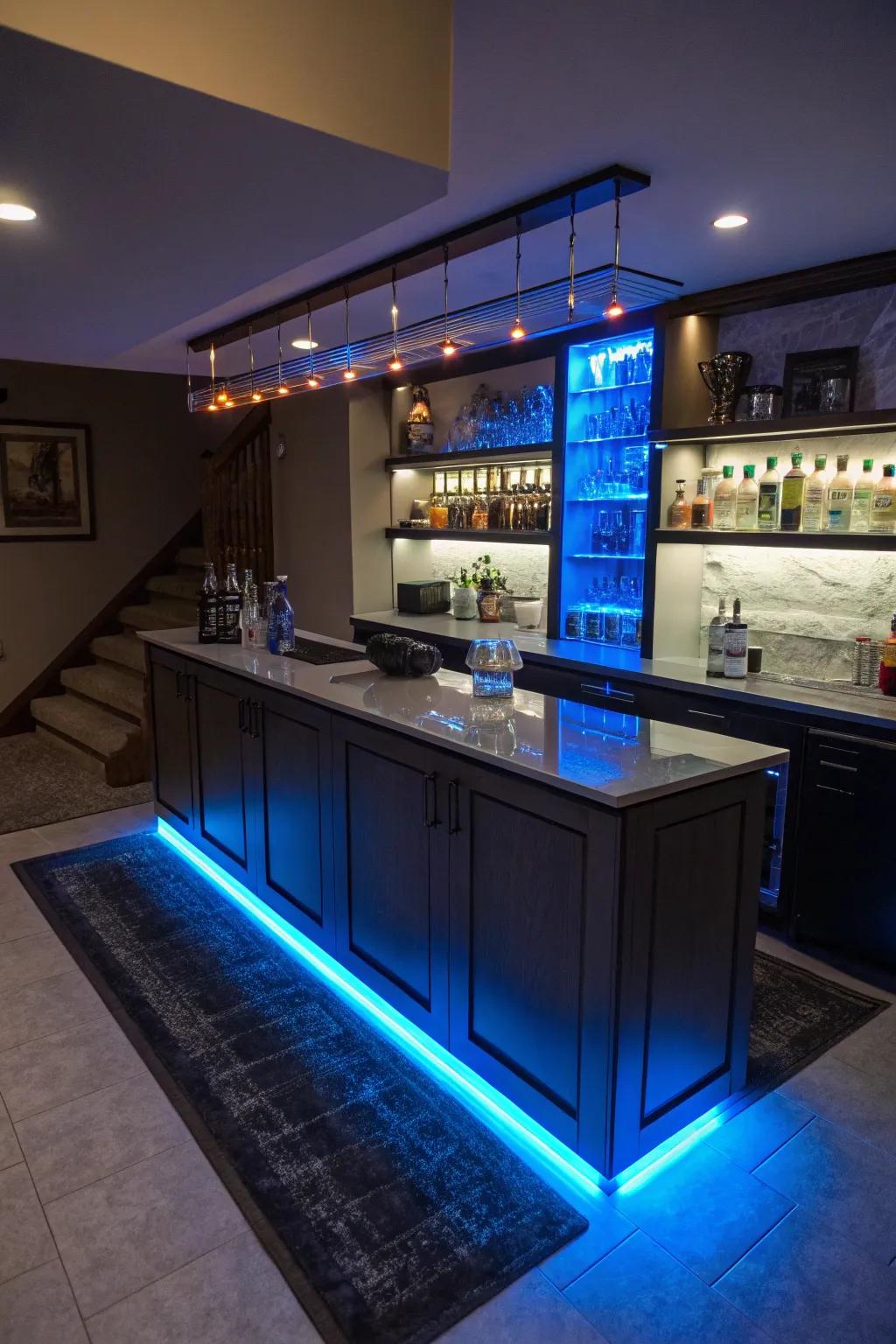 LED strip lighting adds a modern and warm glow to your wet bar setup.