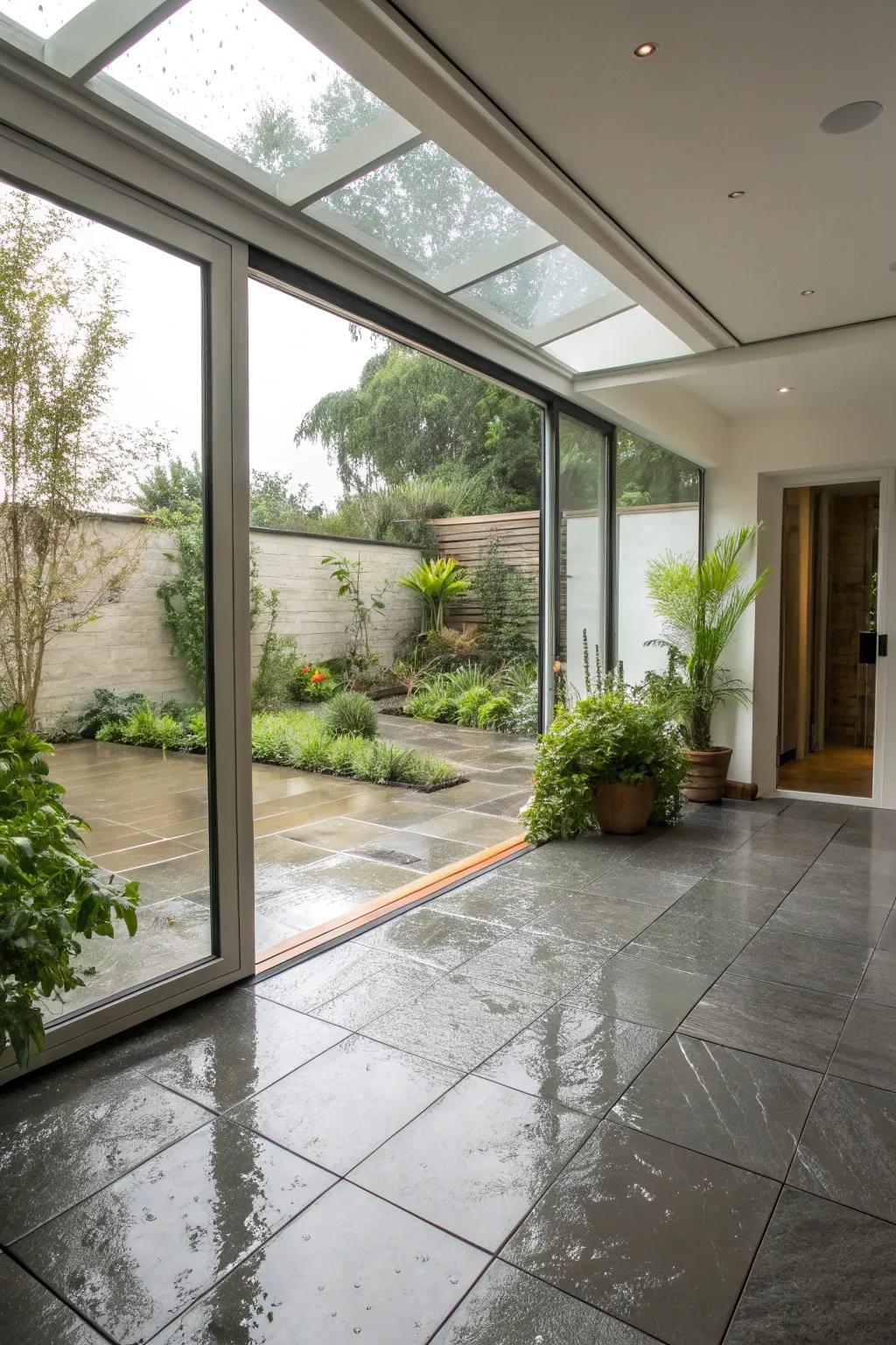 Seamless interior-outdoor shifts elevate the stream of space.