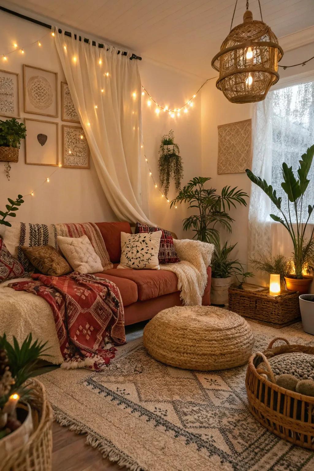 Snug boho living area showcasing an inviting ambiance.