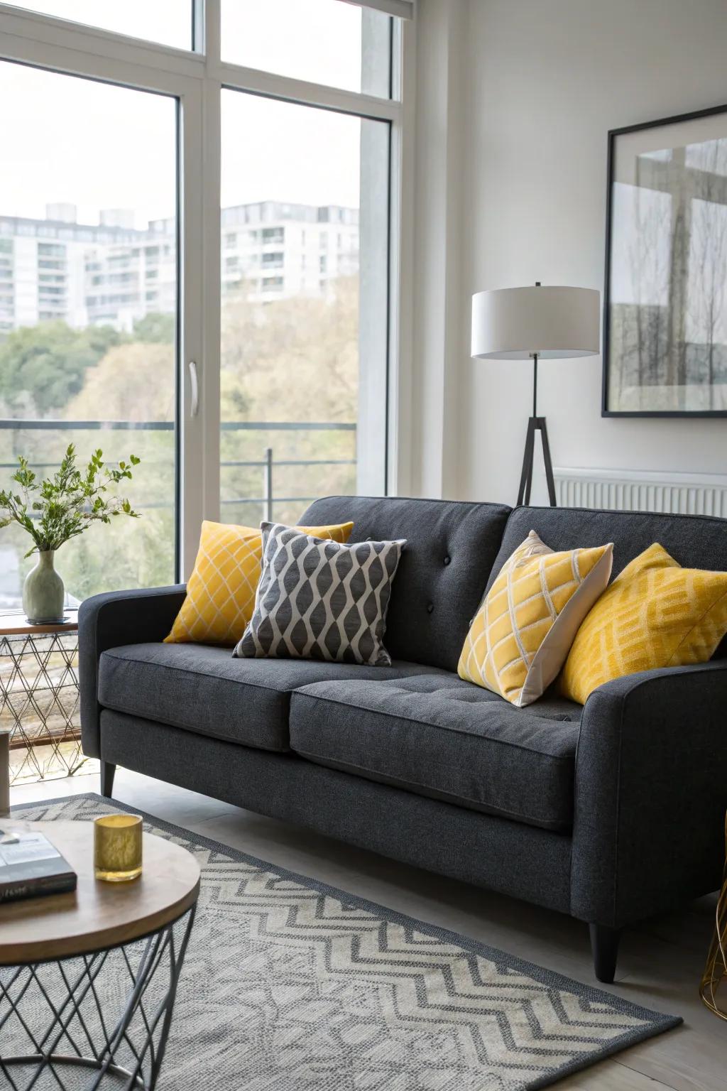 Yellow and grey pillows create a cheerful and modern vibe.