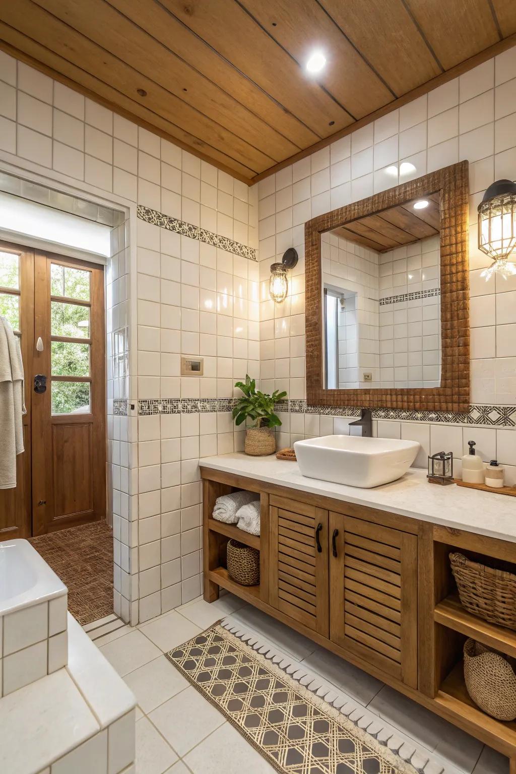 Earthy shades contribute warmth and equilibrium to white tiles.