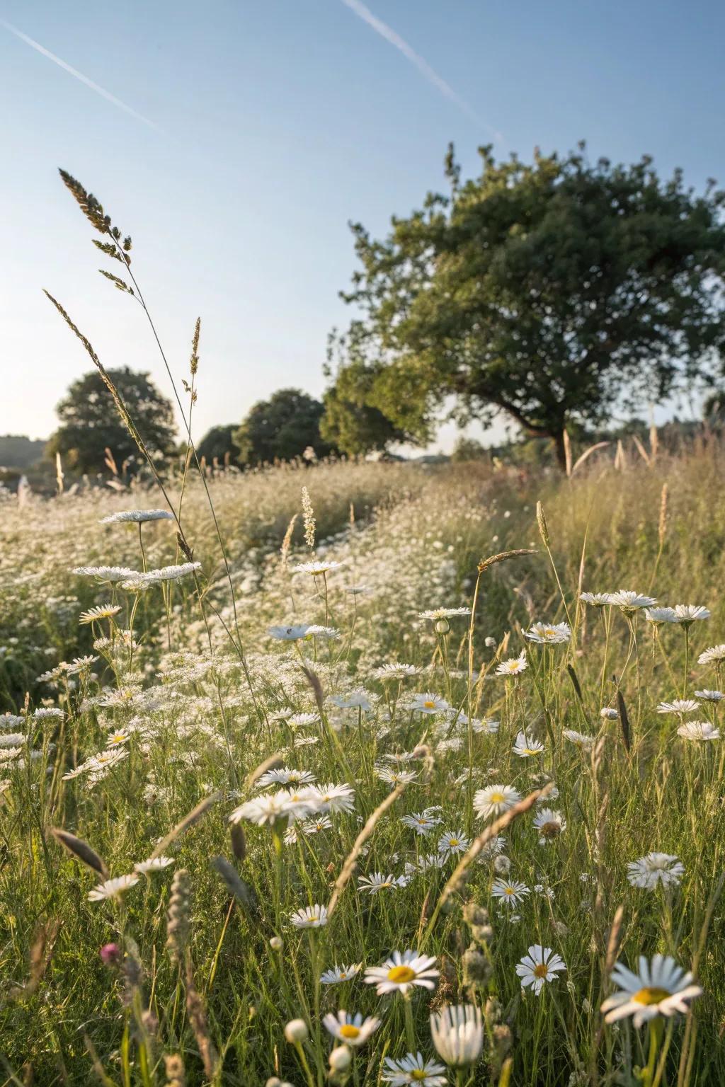 An alabaster wildflower meadow introduces an organic and whimsical touch to the garden.