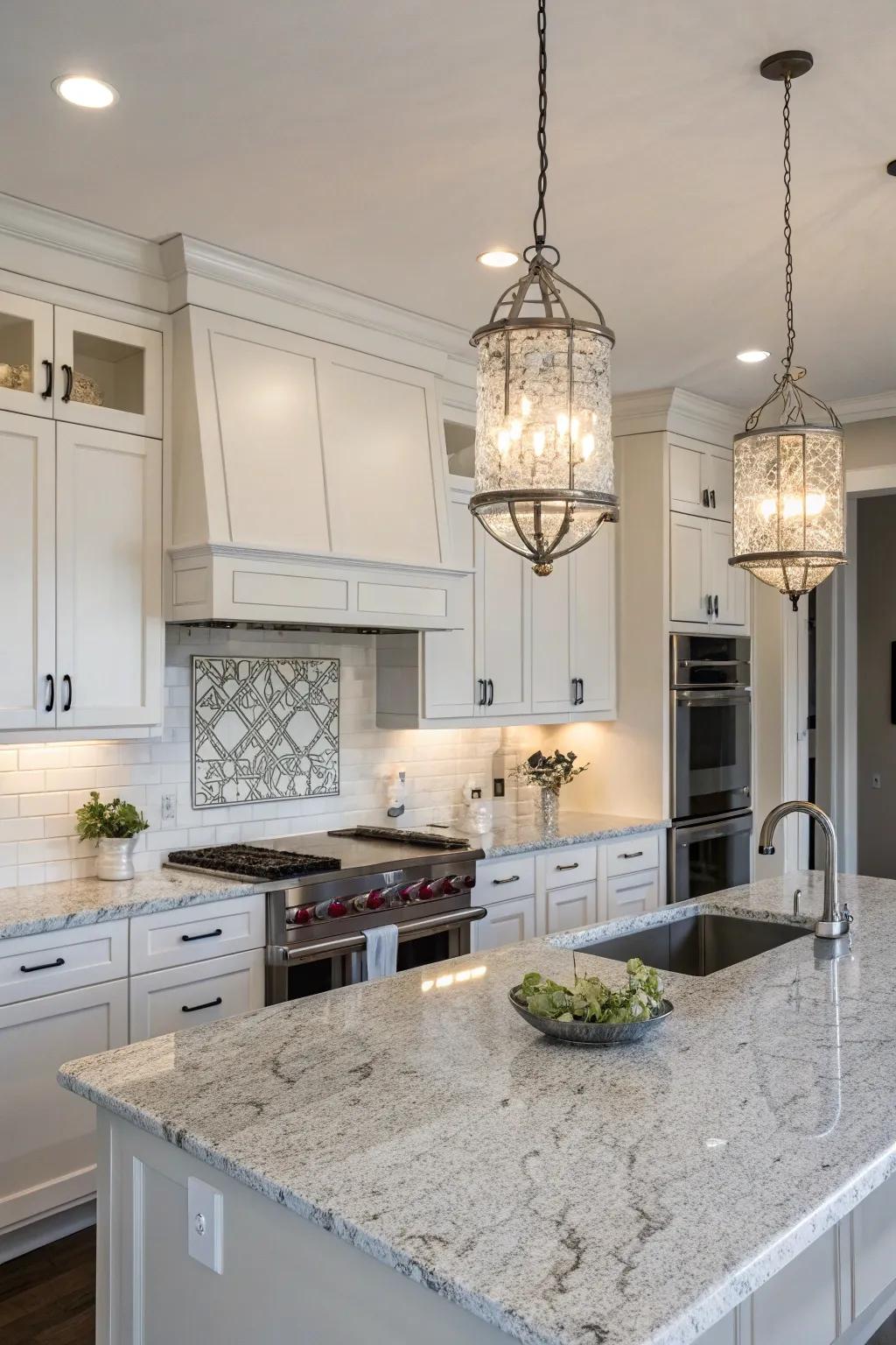 Suspension illumination enhances the style for that kitchen using white ice granite.