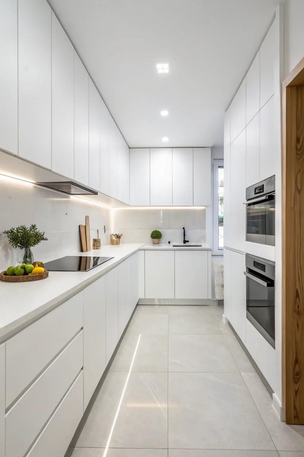 A minimalist design delivers a peaceful, zen-like atmosphere to this white kitchen.