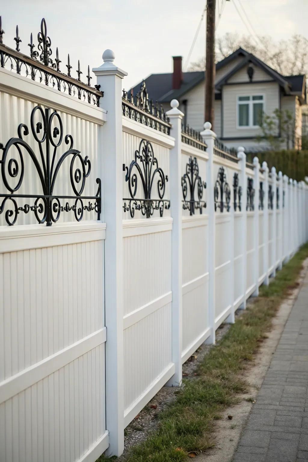 Decorative ironwork adds class and character to a white fence.