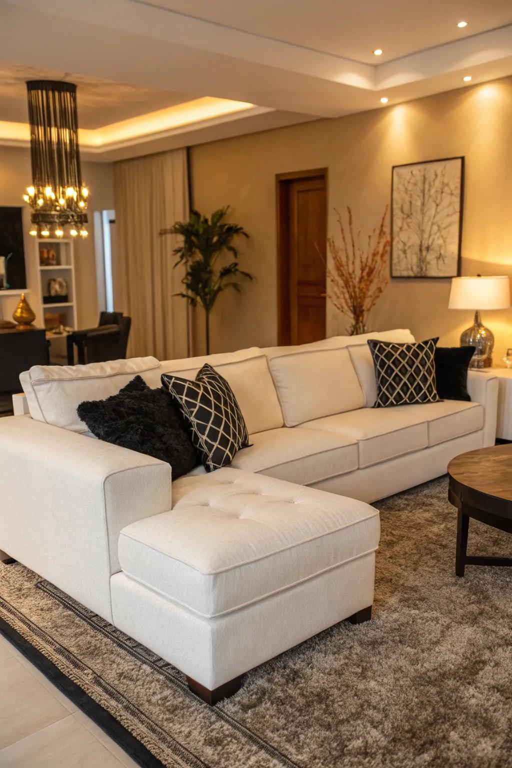 A dash of black adds sophistication to a living space featuring a white modular sofa.