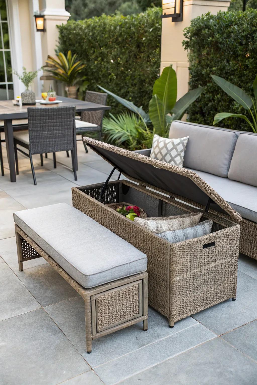 Maximizing space with multi-functional wicker furnishings.