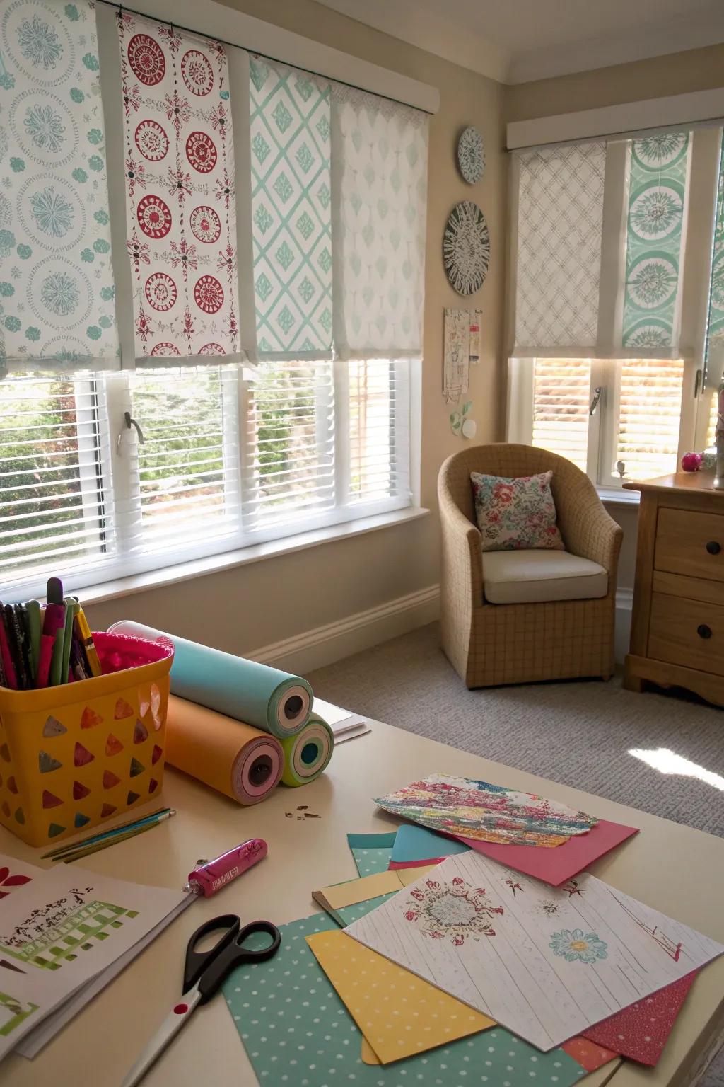 Custom-printed blinds bringing personality to a craft room.