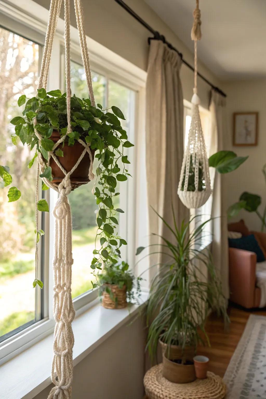 Incorporate greenery with stylish ropework plant supports.