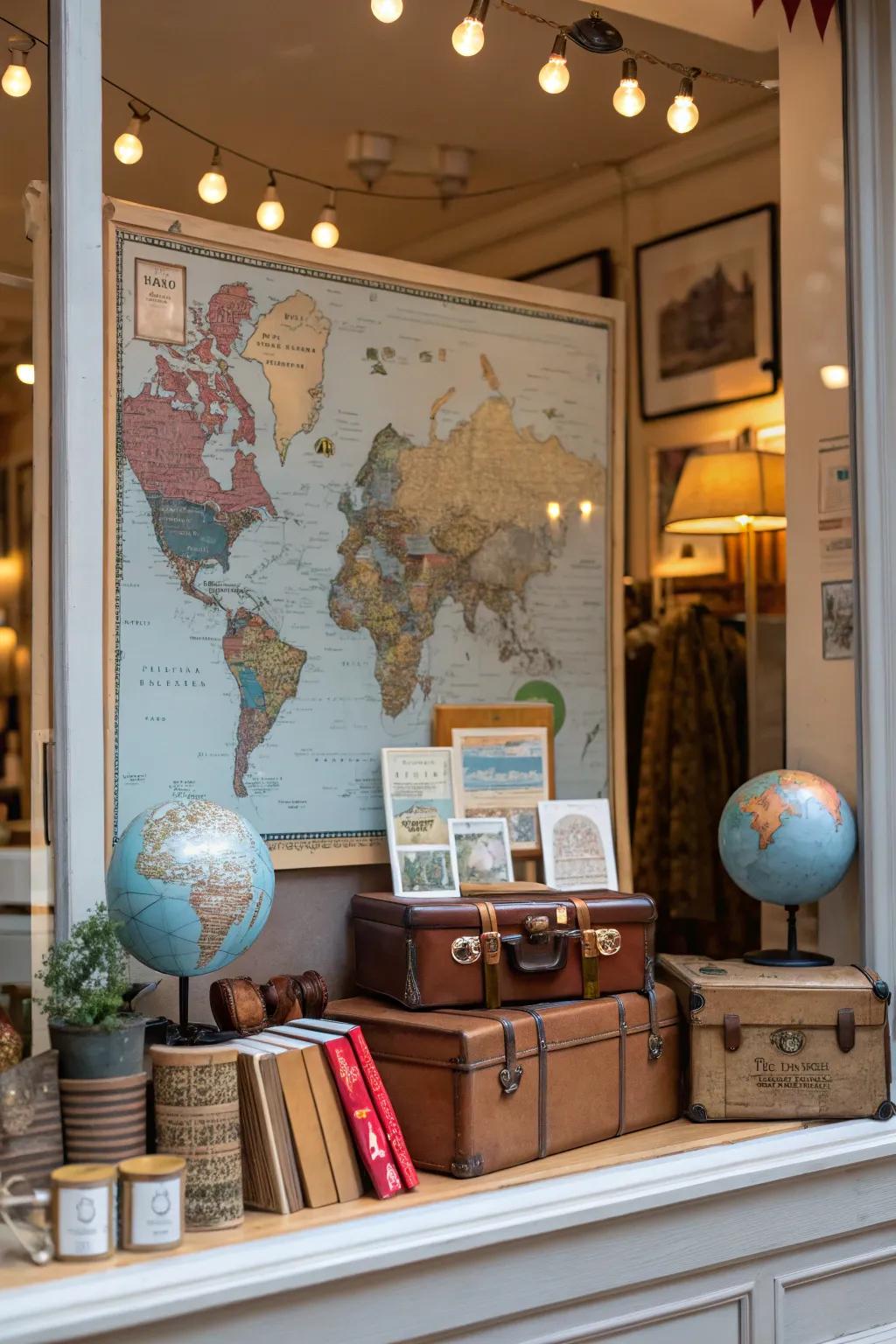 A travel-themed window display that tells a story of adventure.