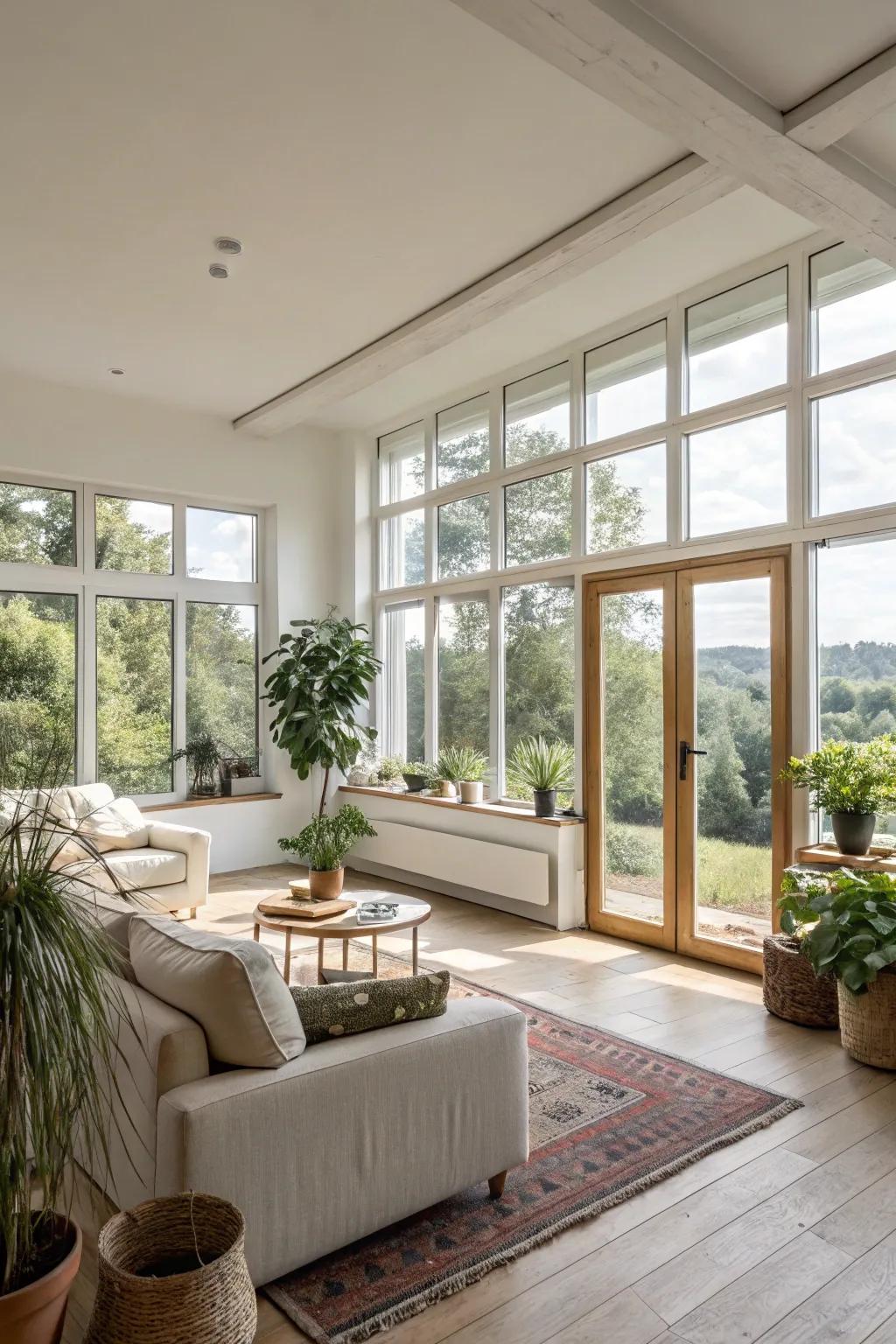 Window frames employed as room separators bring structure while maintaining open spaces.