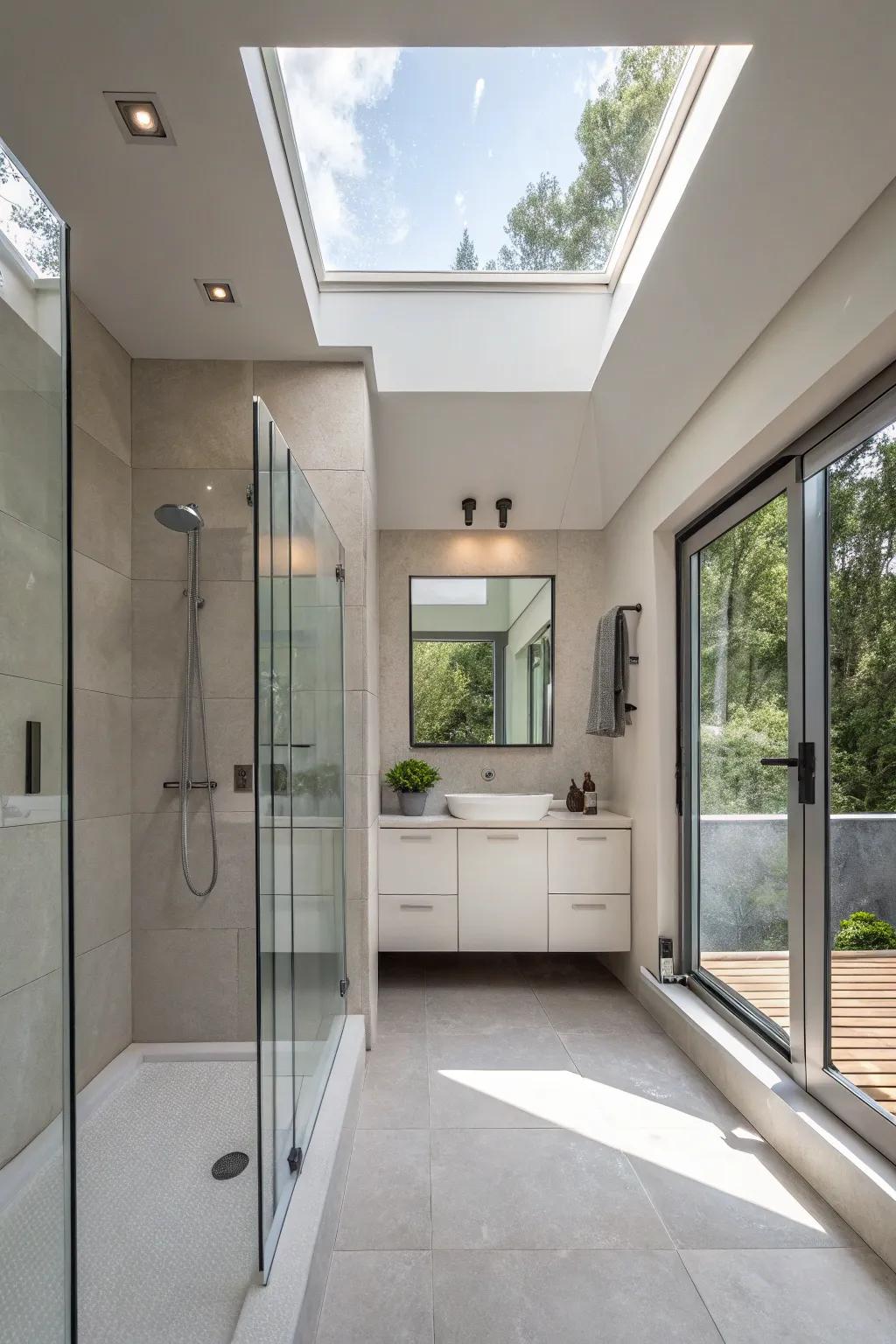 A skylight draws in overhead sunshine, enhancing the shower's ambiance.