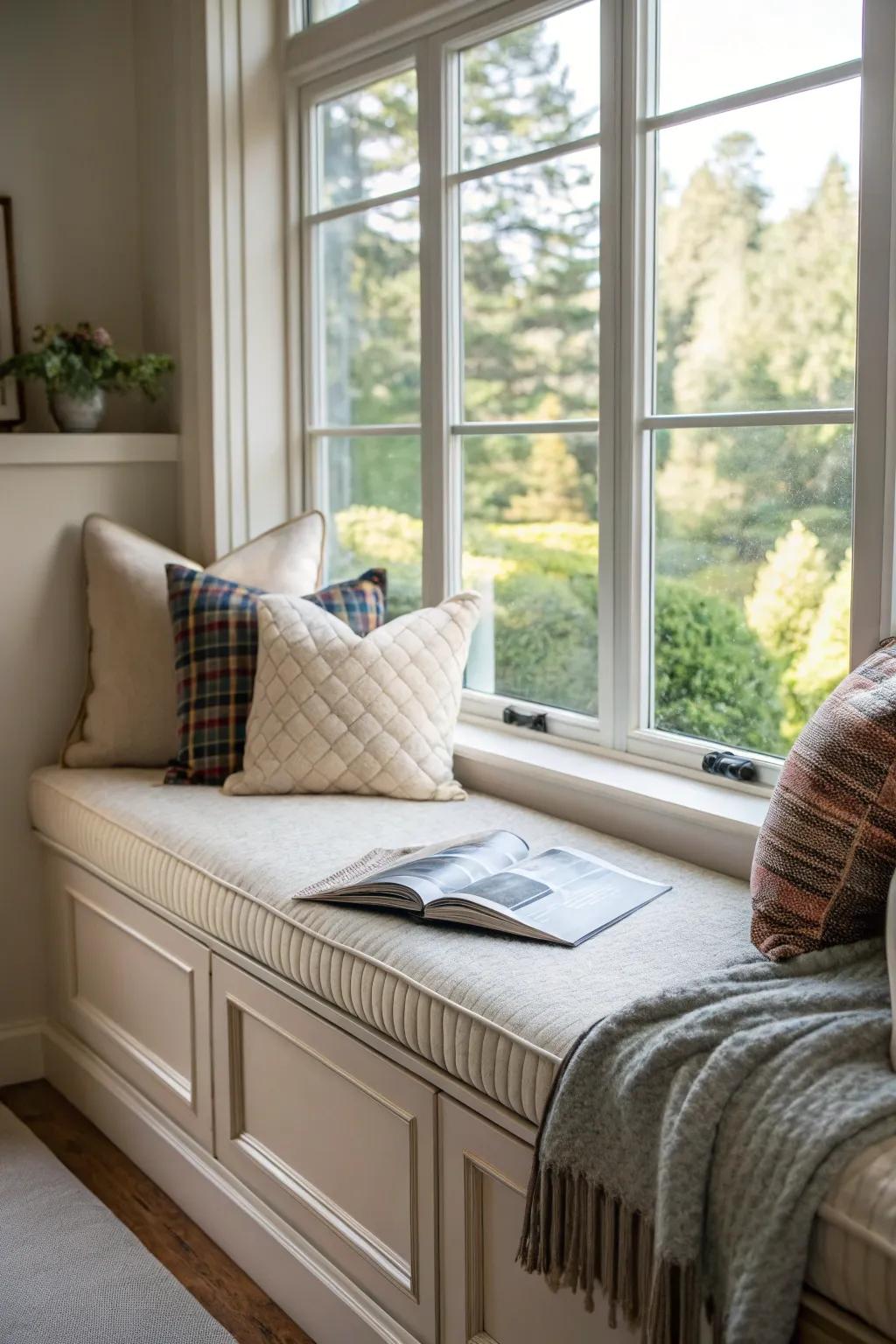 A sophisticated window seat that has a plush headboard, making it the perfect place to unwind.