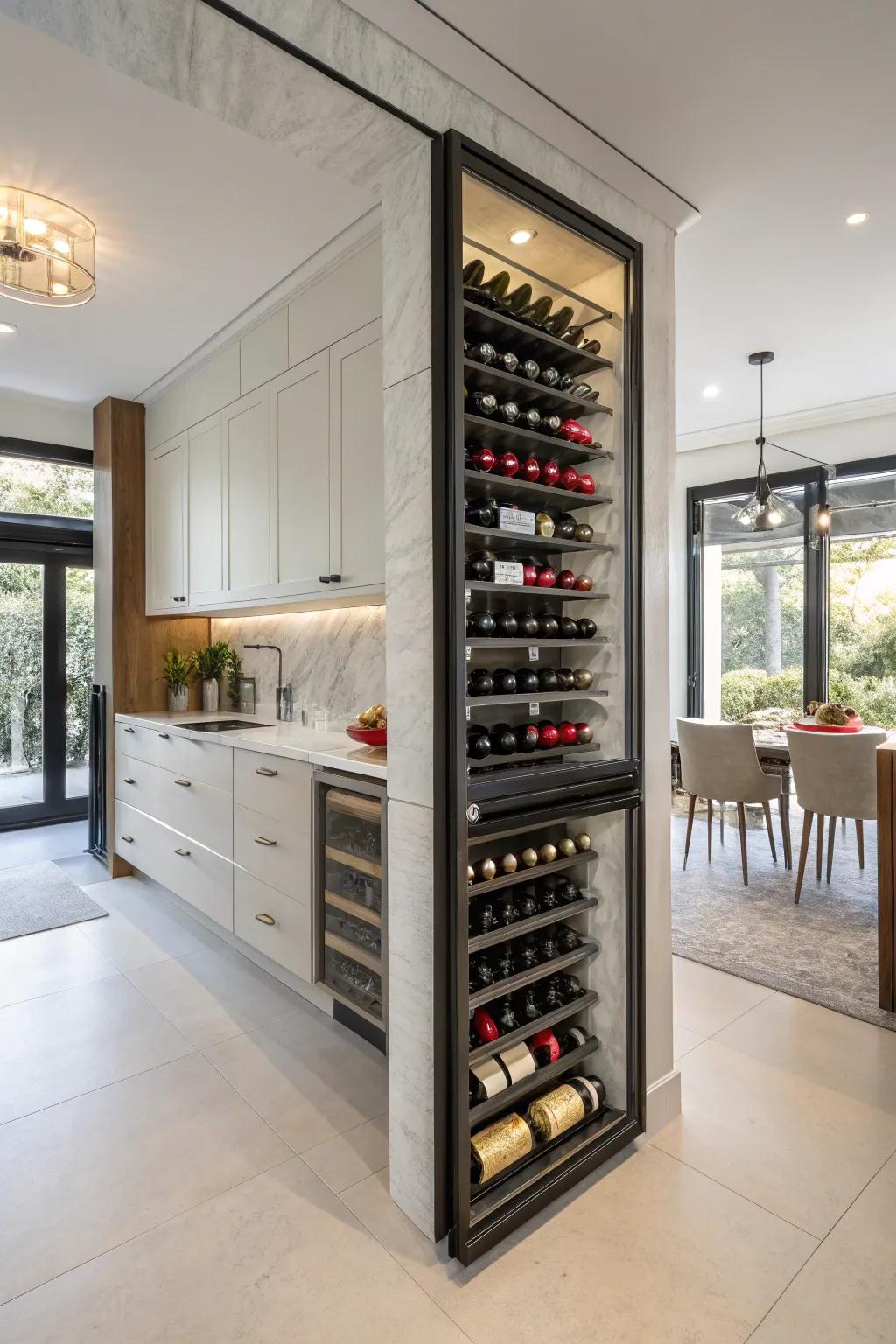 Open frame rack showcasing bottles with elegance.