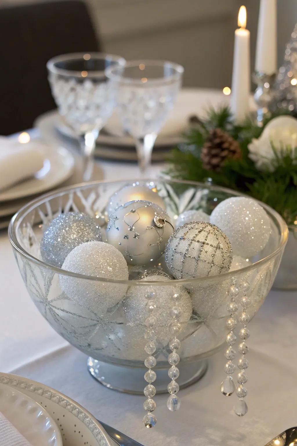 Winter elegance showcased using ice shard-inspired décor.