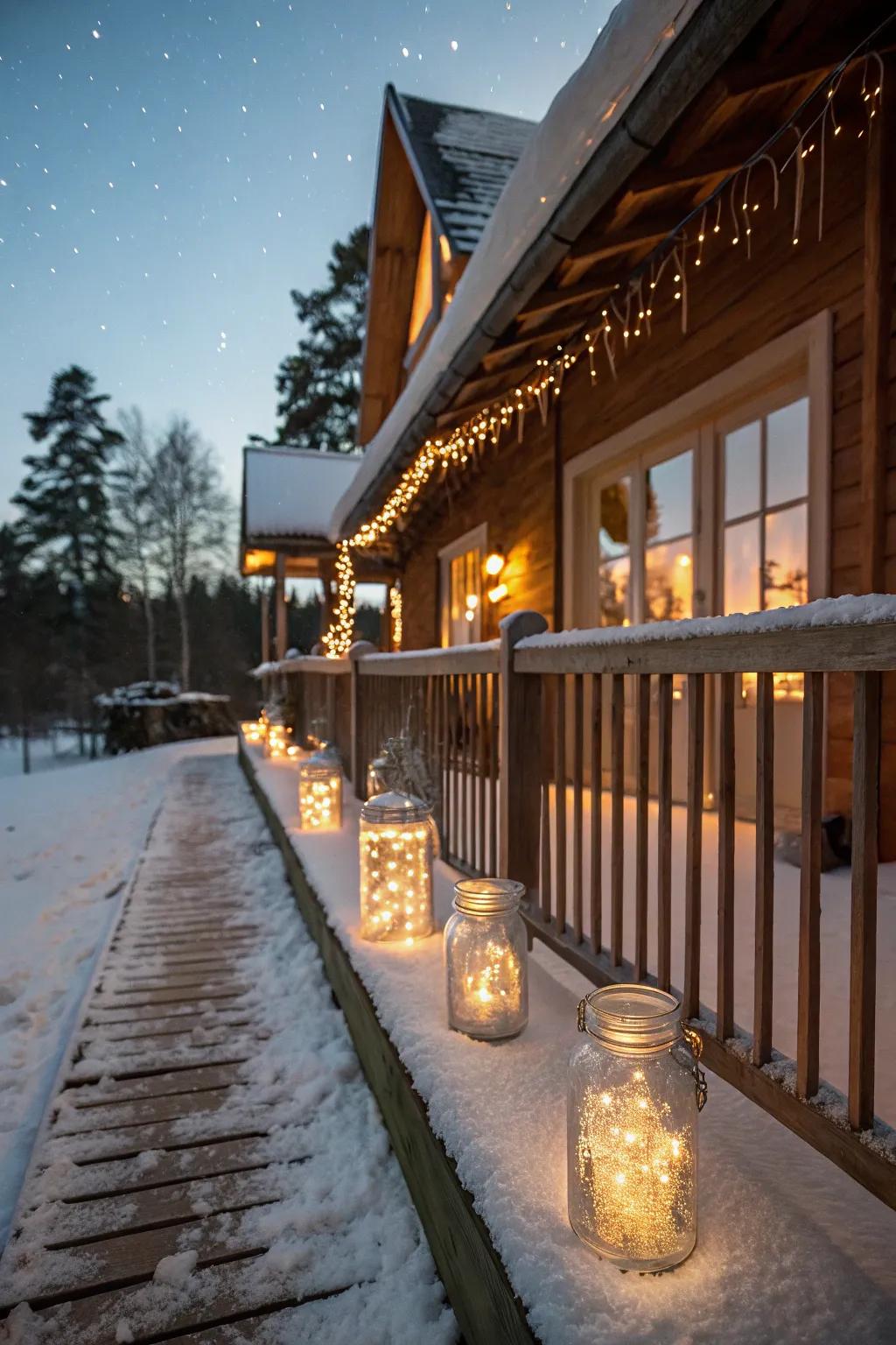 Construction vessels filled using enchantment lights enchant this winter porch.