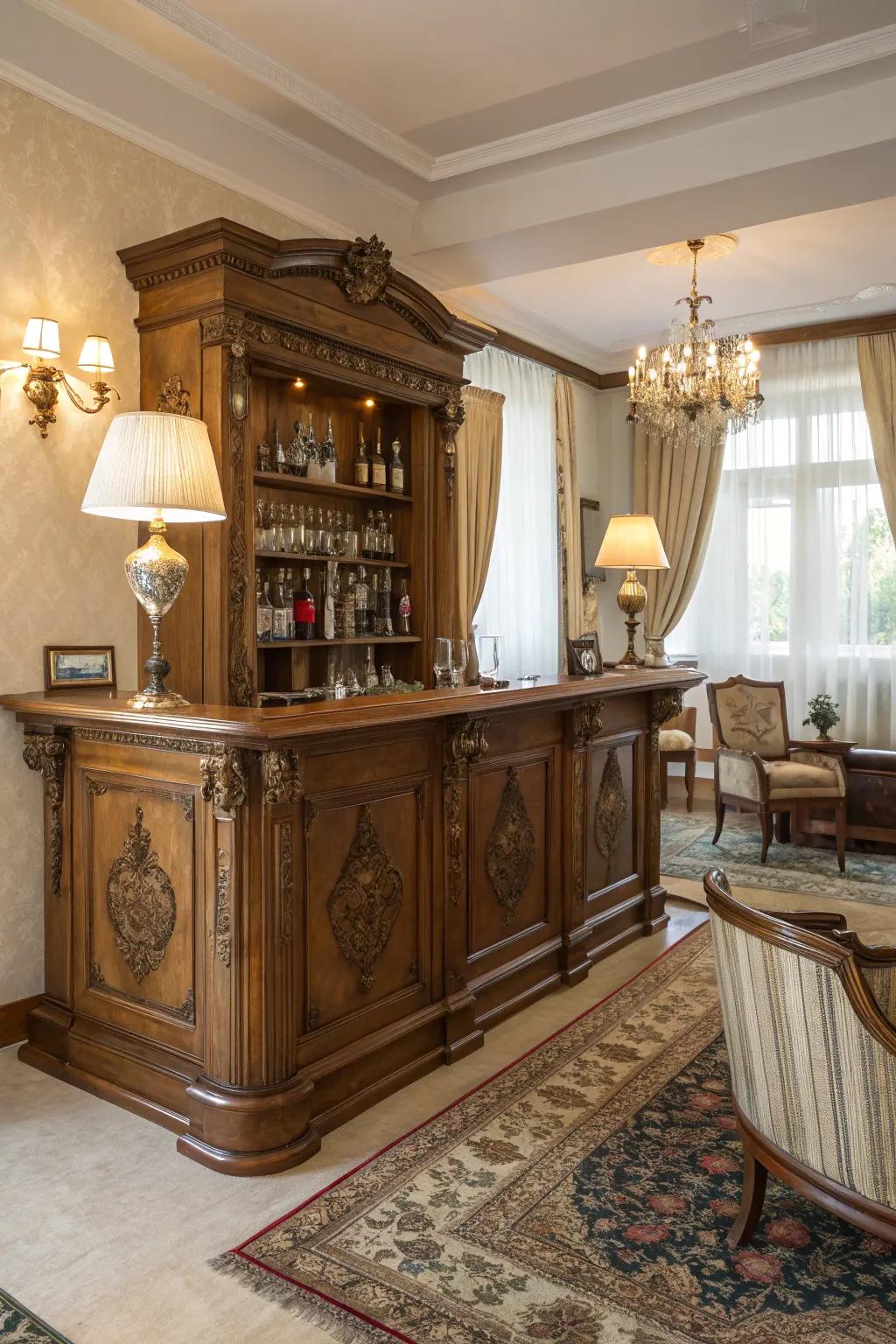 An aged wood bar providing vintage beauty.